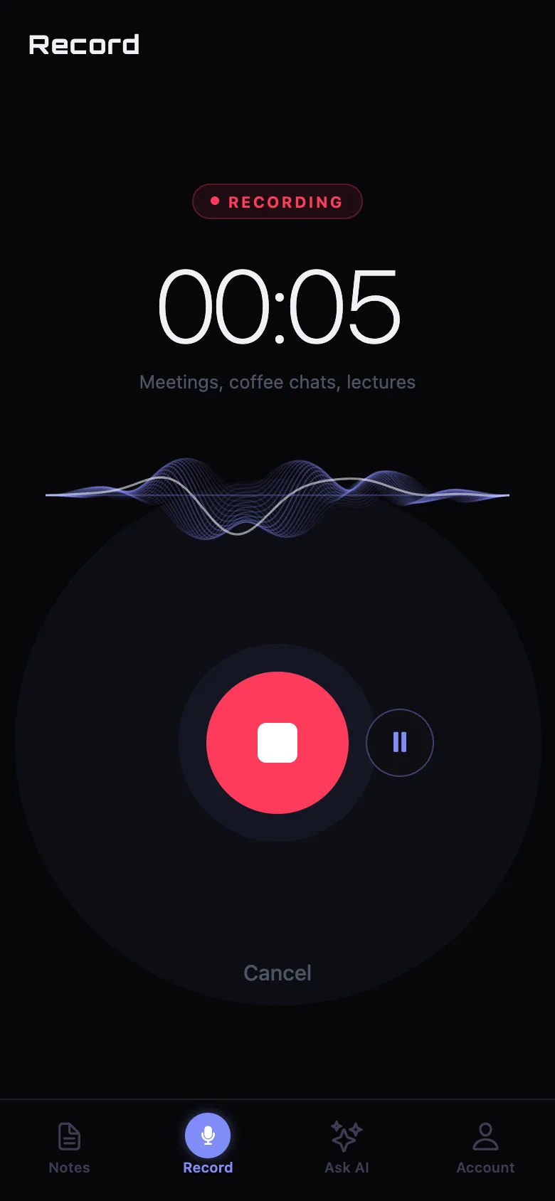 Recording in progress with a live waveform that moves only when there is sound