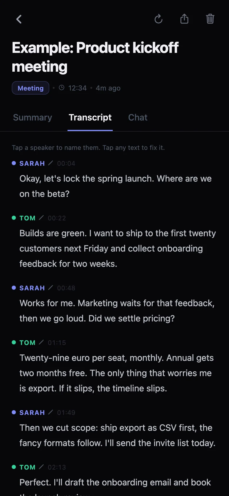 The transcript, split by speaker with timestamps